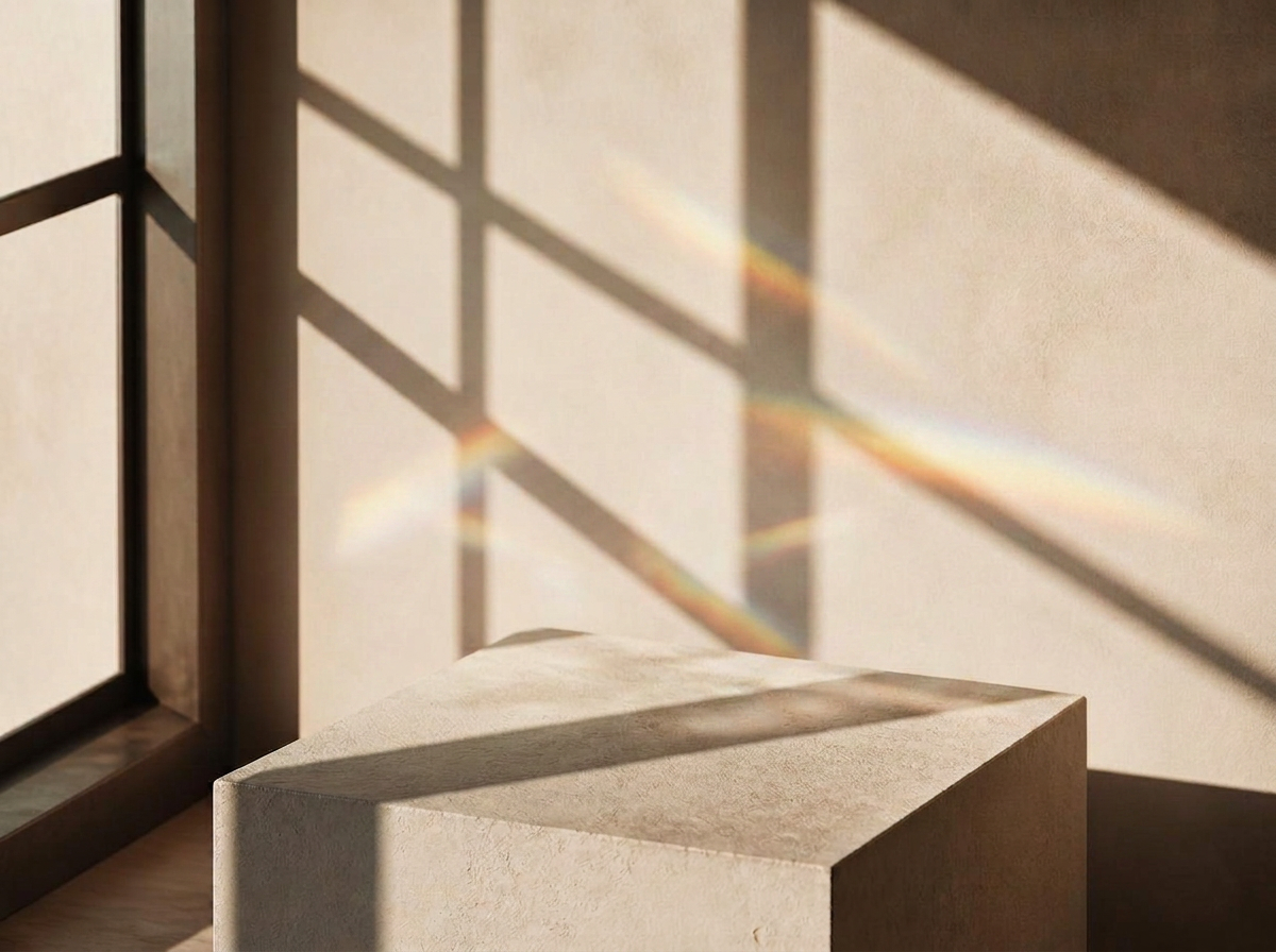 A single frosted beauty bottle on a stone plinth casting several differently toned shadows in framed window light