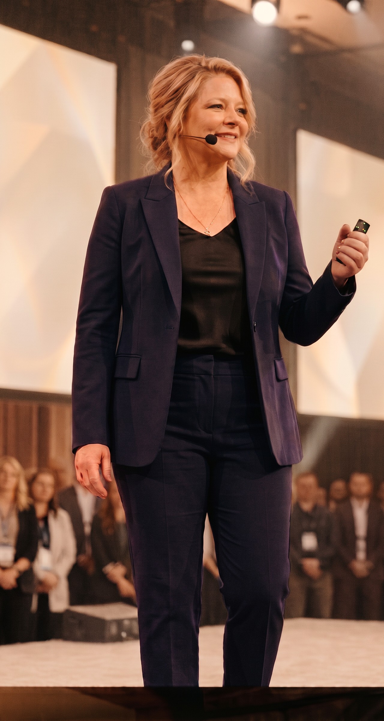 Jen Chamberlain speaking on stage at an industry event
